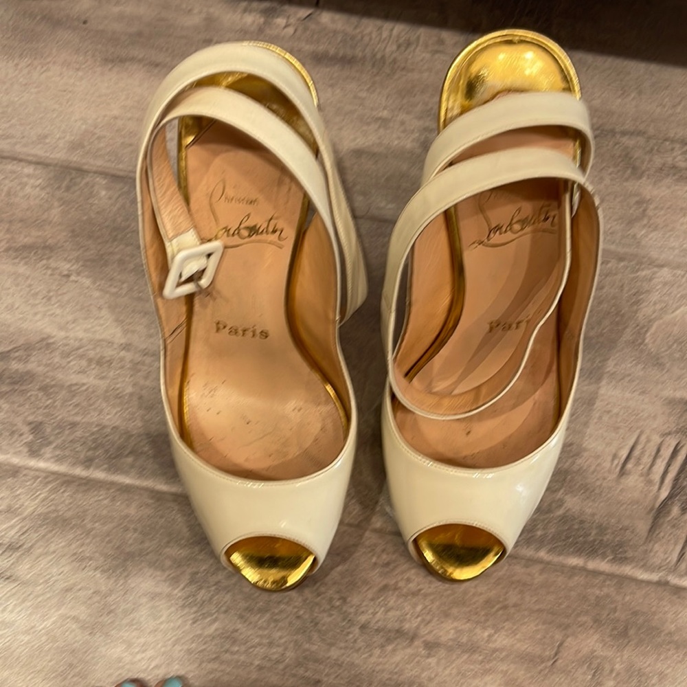 Christian Louboutin white and gold heels